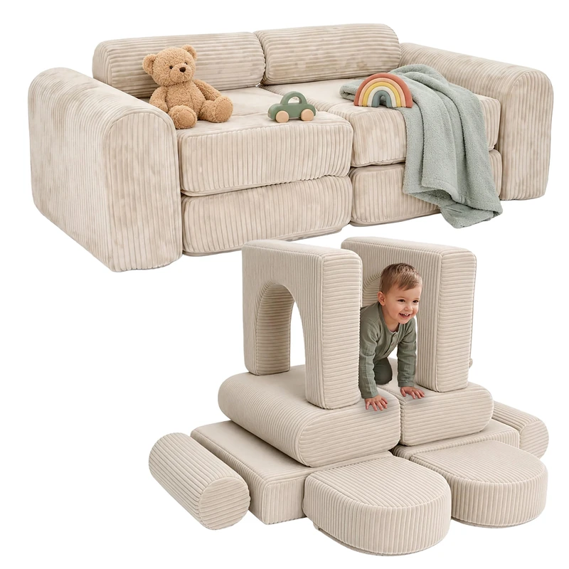 Relaxdays Children's modular play sofa, 10-piece soft blocks, beige