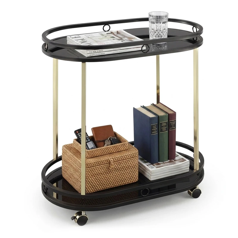 Relaxdays serving trolley, 2 tiers, glass & metal, black/gold