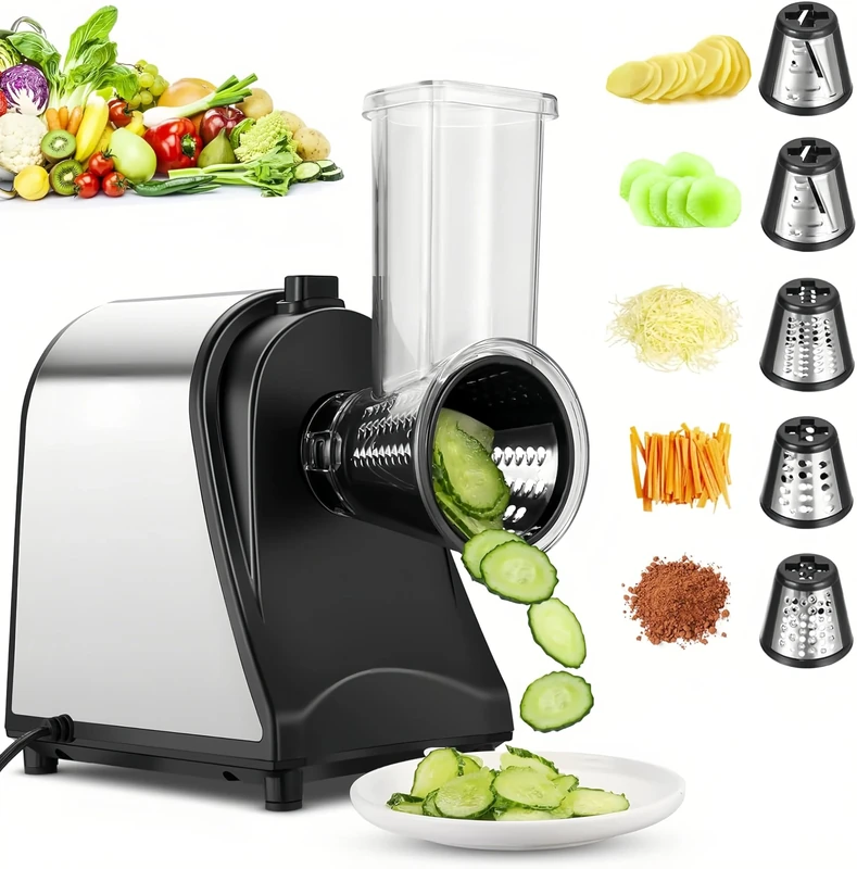COOCHEER 5-in-1 Electric Cheese Grater 250W, Stainless Steel