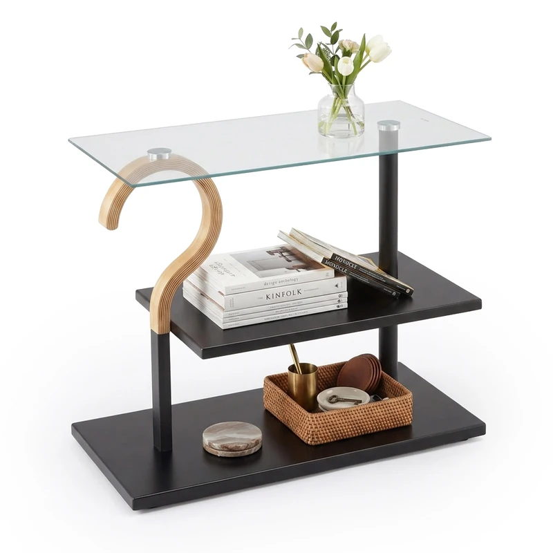 Relaxdays Side Table, 2 shelves, HxWxD: 50 x 60 x 30 cm, black/natural