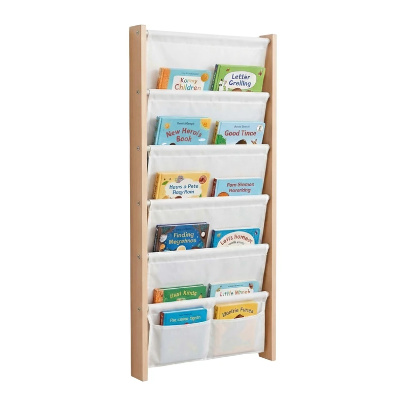 Relaxdays children's wall bookcase with 7 fabric pockets, white