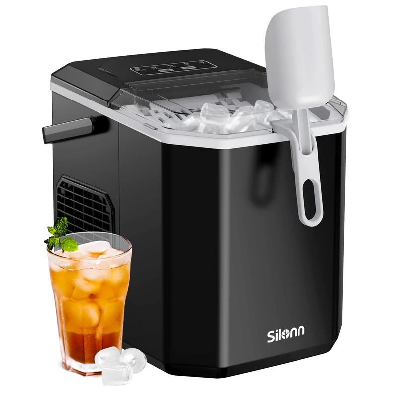 Silonn Ice Maker Countertop, Portable Ice Machine, 8 Bullet Ice Cubes in 6 Mins, 12kg/24H, Self-Cleaning Ice Maker, 2 Ice Sizes for Kitchen, Home, Office, Party & RV Camping