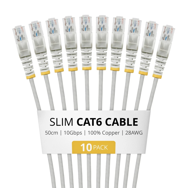 StarTech 50cm Gray Slim CAT6 Cable, 10 Pack, Snagless RJ45, LSZH, 28AWG Pure Bare Copper, Slim Network Patch Cable/Cord
