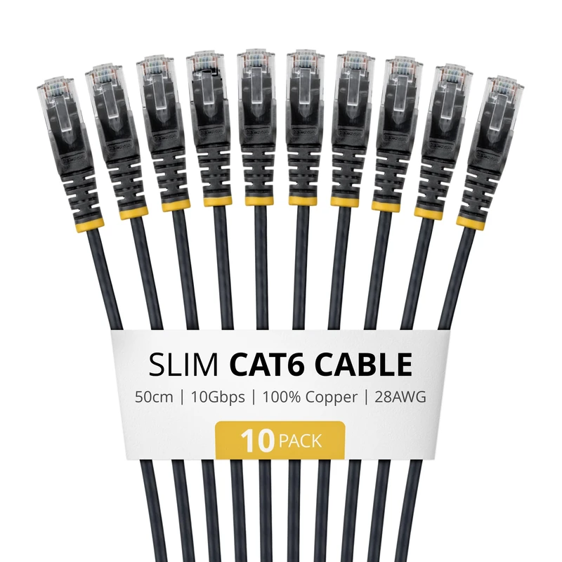 StarTech 50cm Black Slim CAT6 Cable, 10 Pack, Snagless RJ45, LSZH, 28AWG Pure Bare Copper, Slim Network Patch Cable/Cord