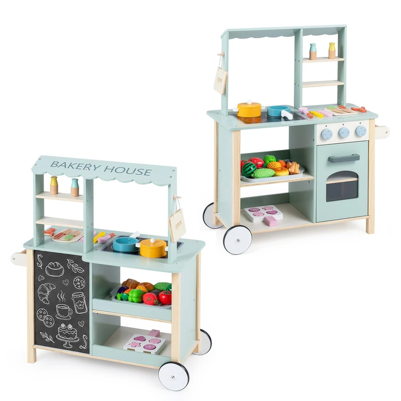 GYMAX Woode Kids Play Kitchen, Toddler Toy Kitchen with Wheels, Stoves