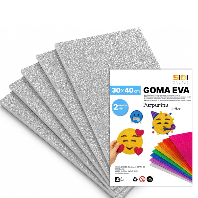 SIDI Eva Glitter Rubber 40 x 30 cm Silver 40 Sheets Foamy for Crafts