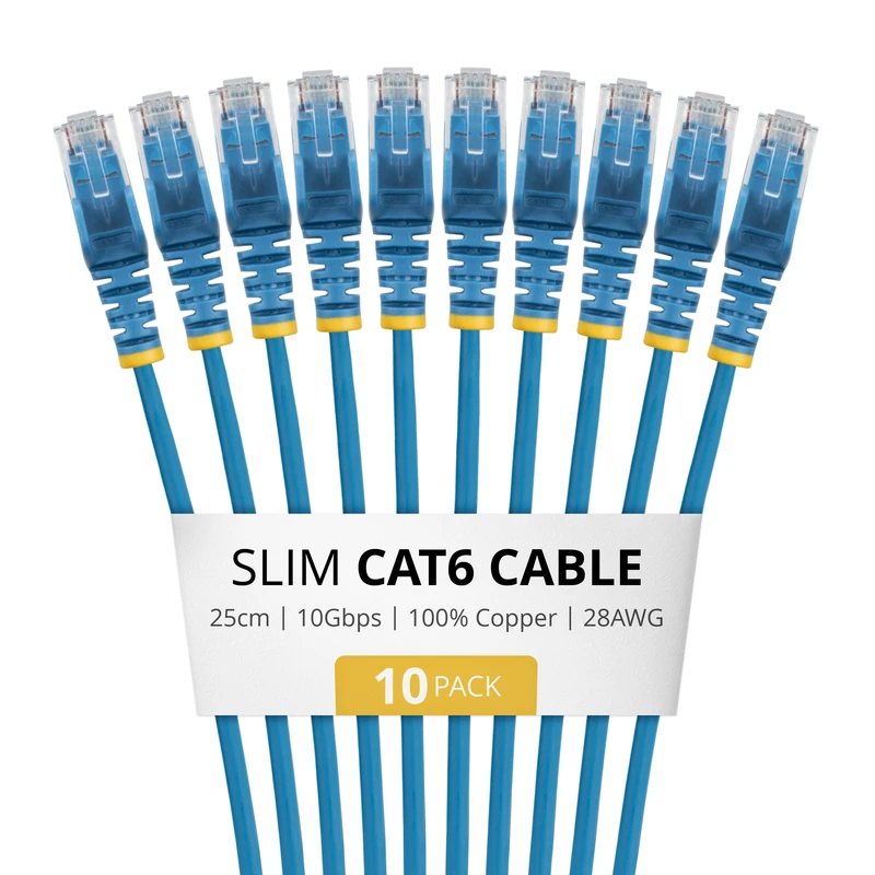 StarTech 25cm Blue Slim CAT6 Cable, 10 Pack, Snagless RJ45, LSZH, 28AWG Pure Bare Copper, Slim Network Patch Cable/Cord