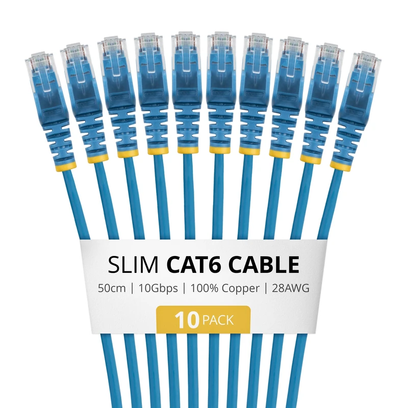 StarTech 50cm Blue Slim CAT6 Cable, 10 Pack, Snagless RJ45, LSZH, 28AWG Pure Bare Copper, Slim Network Patch Cable/Cord