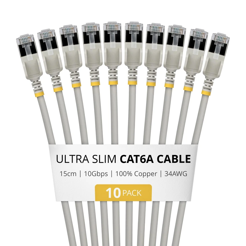 StarTech 15cm Gray Ultra Slim Cat6A Ethernet Cable, 10 Pack, Snagless, FTP, Pure Bare Copper Wire, 34AWG Ultra Slim RJ45 Network Patch Cord