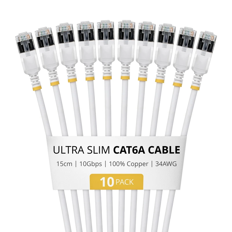 StarTech 15cm White Ultra Slim Cat6A Ethernet Cable, 10 Pack, Snagless, FTP, Pure Bare Copper Wire, 34AWG Ultra Slim RJ45 Network Patch Cord