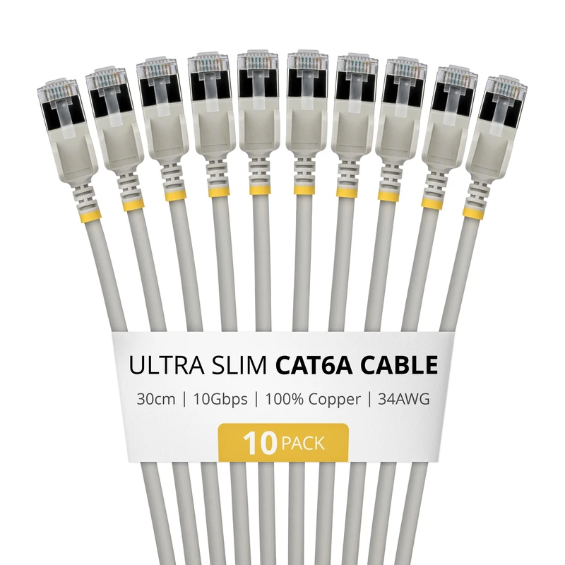 StarTech 30cm Gray Ultra Slim Cat6A Ethernet Cable, 10 Pack, Snagless, FTP, Pure Bare Copper Wire, 34AWG Ultra Slim RJ45 Network Patch Cord