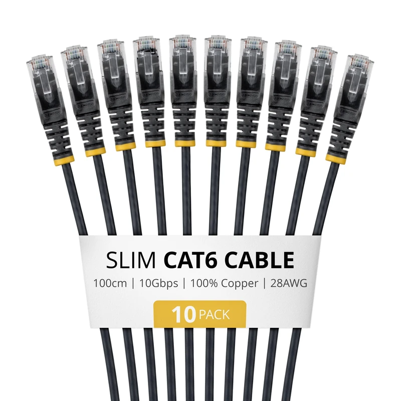 StarTech 1m Black Slim CAT6 Cable, 10 Pack, Snagless RJ45, LSZH, 28AWG Pure Bare Copper, Slim Network Patch Cable/Cord