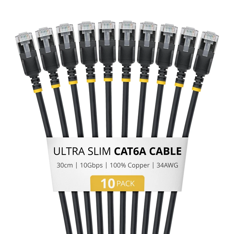 StarTech 30cm Black Ultra Slim Cat6A Ethernet Cable, 10 Pack, Snagless, FTP, Pure Bare Copper Wire, 34AWG Ultra Slim RJ45 Network Patch Cord