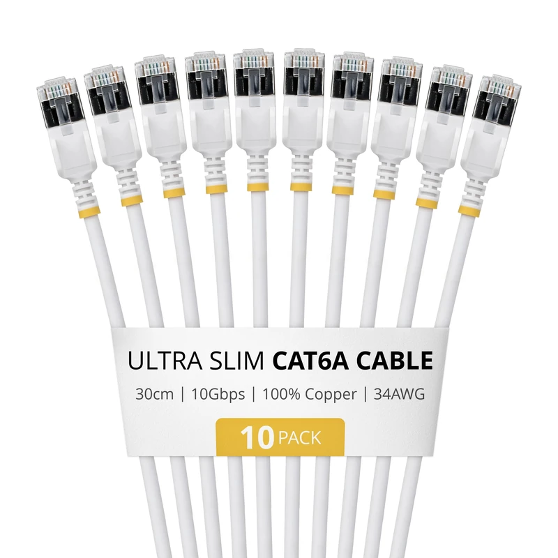 StarTech 30cm Blue Ultra Slim Cat6A Ethernet Cable, 10 Pack, Snagless, FTP, Pure Bare Copper Wire, 34AWG Ultra Slim RJ45 Network Patch Cord