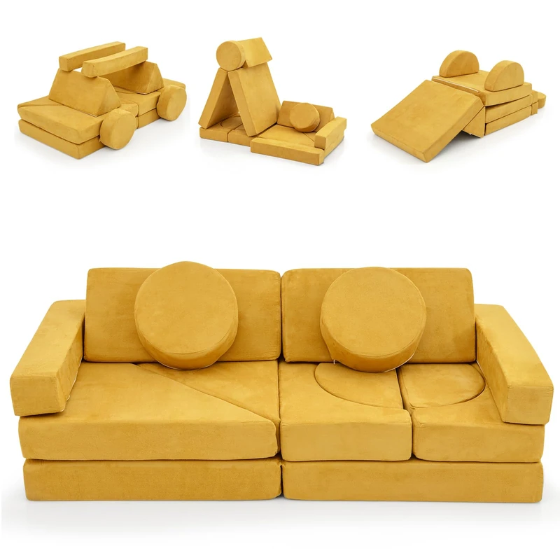 GYMAX Kids Sofa Bed (Yellow, 14Pcs, 142 x 70 x 50cm)