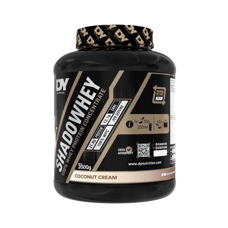 DY Nutrition - Shadowhey Whey Protein Concentrate Powder 2Kg | 23g Protein per Serving | 66 Servings | 7.3g of BCAAs | Sourced from EU Grass-Fed Cows | Easy Mix & Digest Formula (Coconut Cream)