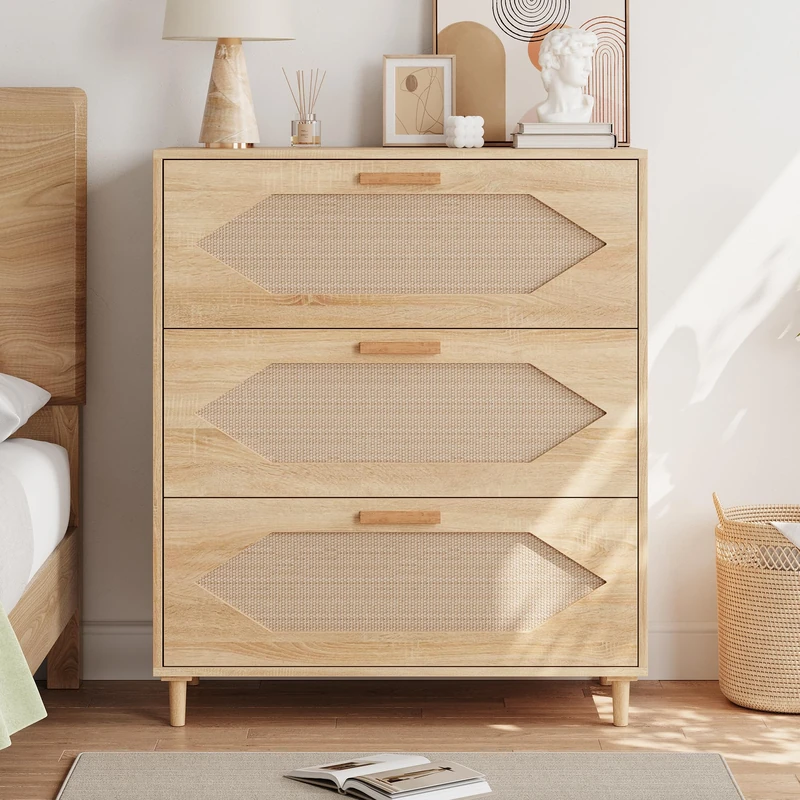 IDEALHOUSE Narrow Rattan Chest of Drawers with 3 Drawers - Wooden Drawer