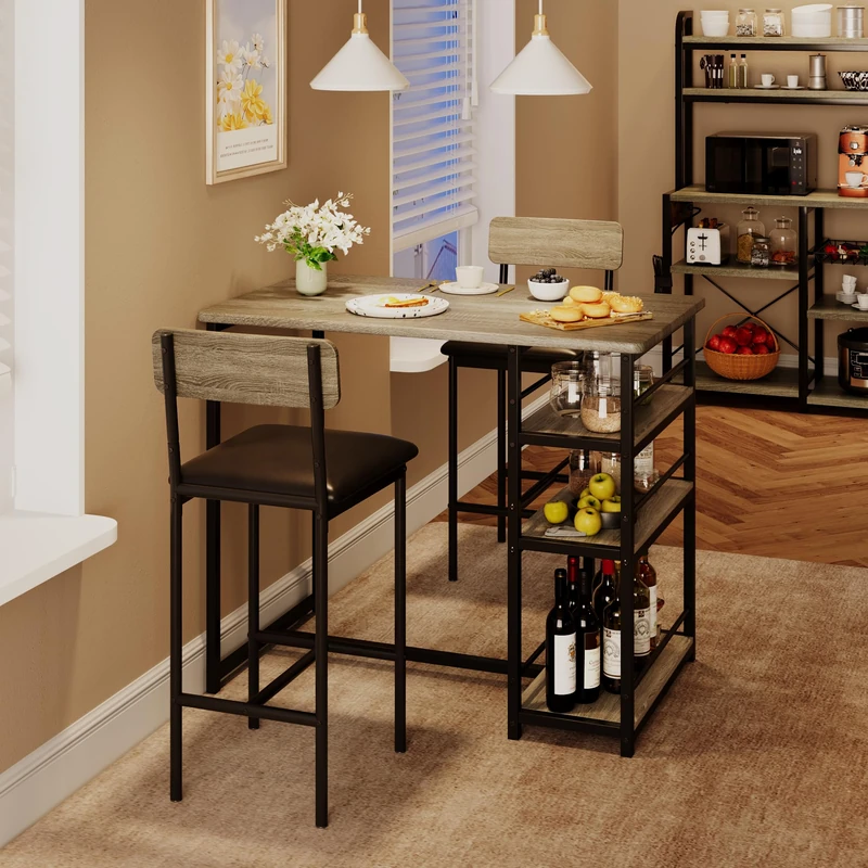 IDEALHOUSE Bar Table Set 3-Piece Dining Table with 2 Padded Chairs