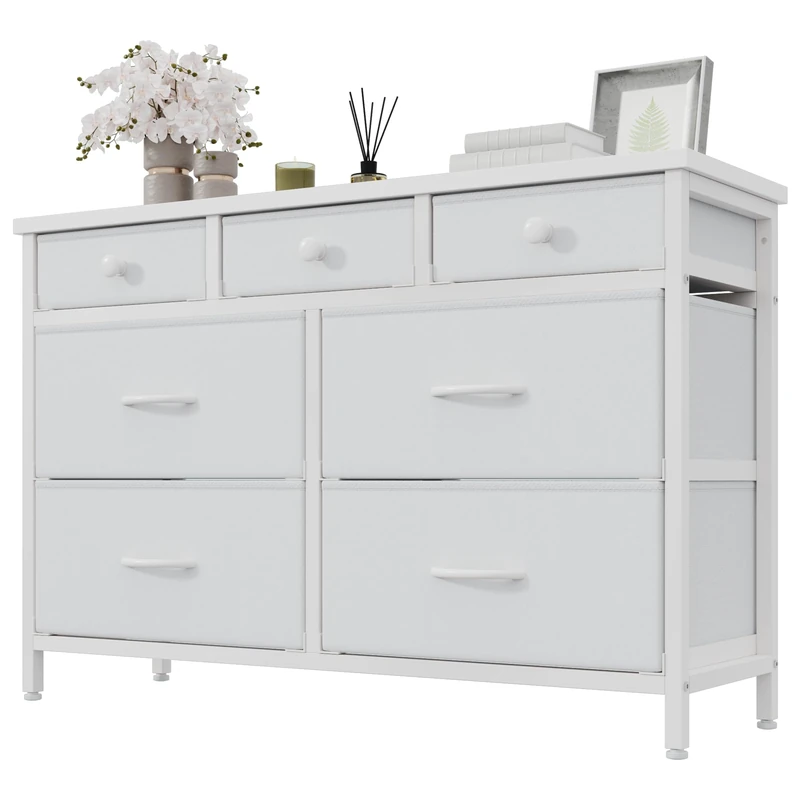 Feonase Chest of Drawers With 7 Storage Drawer, Sturdy MDF Top and Steel Frame, Modern Fabric Chest of Drawers for Bedroom, White
