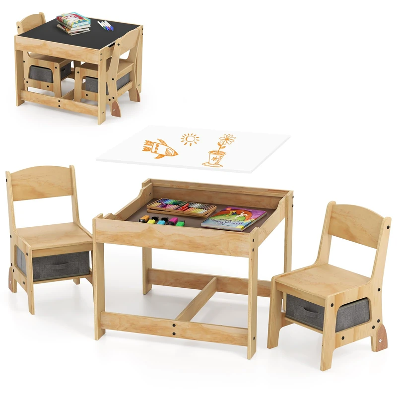 GYMAX 3 in 1 Kids Table and Chair Set, Activity Table Set (Natural & Grey)
