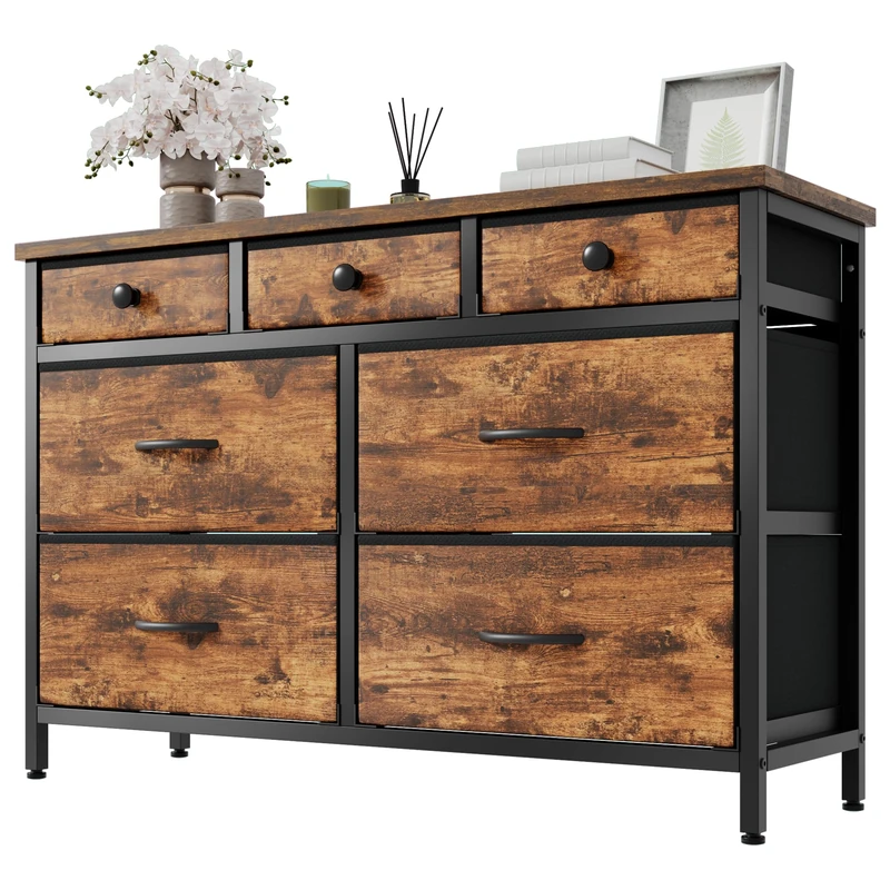 Feonase Chest of Drawers With 7 Storage Drawer, Sturdy MDF Top and Steel Frame, Modern Fabric Chest of Drawers for Bedroom, Rustic Brown