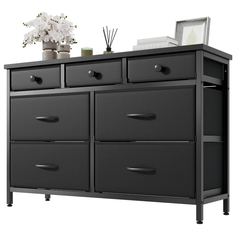 Feonase Chest of Drawers With 7 Storage Drawer, Sturdy MDF Top and Steel Frame, Modern Fabric Chest of Drawers for Bedroom, Black