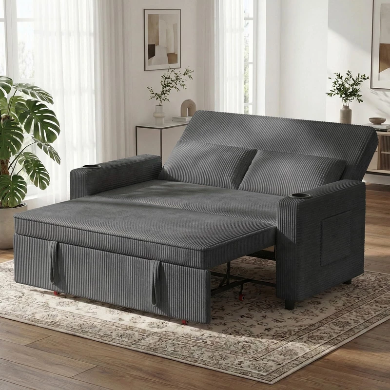 JUMMICO Pull-Out Sofa Bed, 2-Seater Convertible Sleeper Sofa with Adjustable Backrest, Modern Corduroy Loveseat Couch for Living Room, Bedroom and Apartment