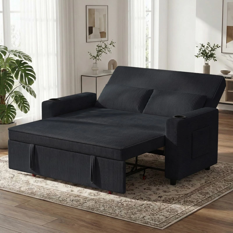 JUMMICO Pull-Out Sofa Bed, 2-Seater Convertible Sleeper Sofa with Adjustable Backrest, Modern Corduroy Loveseat Couch for Living Room, Bedroom and Apartment