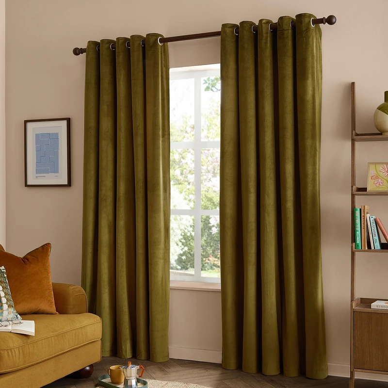 furn. The Ultimate Velvet Blackout Eyelet Curtain Pair (Olive - 168x183cm)