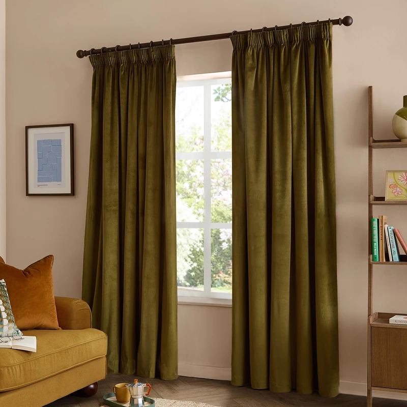 furn. The Ultimate Velvet Blackout Pencil Pleat Curtain Pair (Olive - 229x229cm)