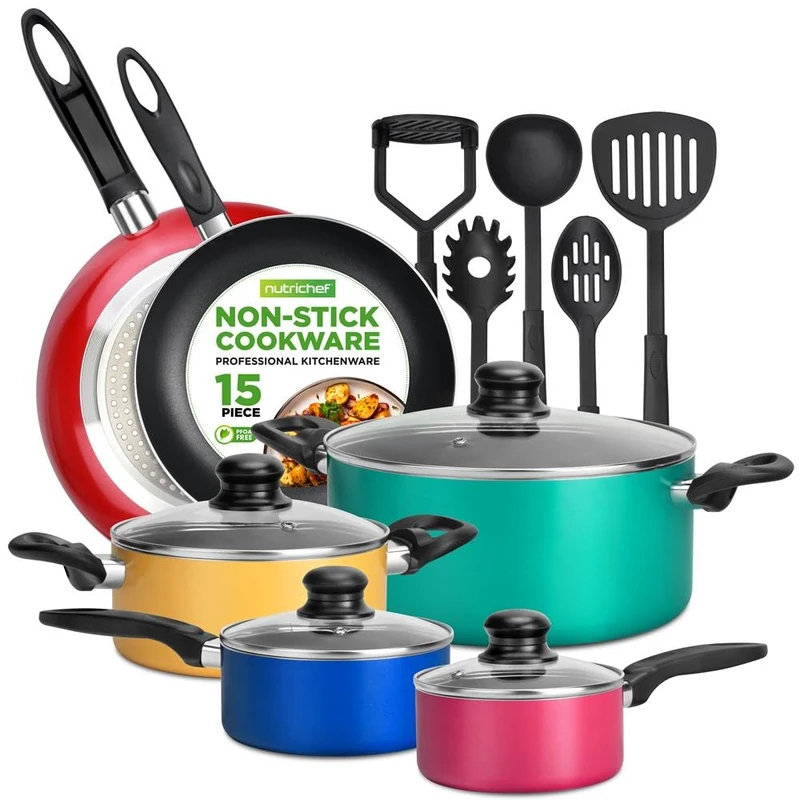 NutriChef, 15 Piece Pots and Pans Set - Non-Stick Cookware Set, Induction Hob Cookware Set, Premium Cooking Set w/Lids, Heat Resistant, Saucepot, Frying Pans, Oven Pot, Lids, Colorful
