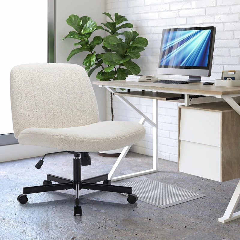 COLAMY Wide Office Chair, Padded Armless Task Vanity Chair Swivel Home Office 115°Rocking Mid Back Ergonomic Computer Chair for Home Working, Make Up, Gaming (With Wheels, Cream)