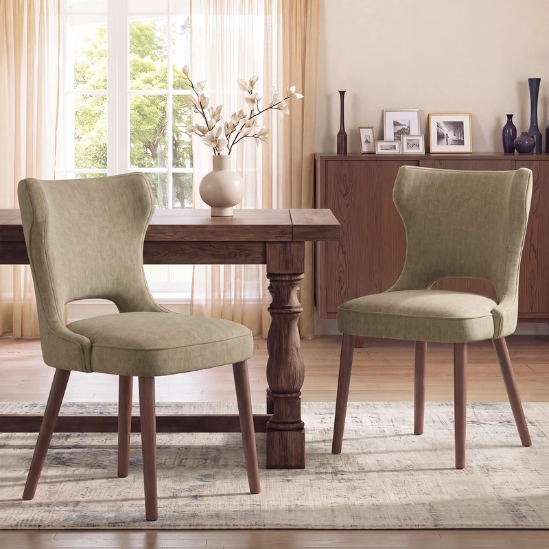 MALOL Upholstered Dining Chairs Set of 2, Dining Room Chairs with Hollow Backrest, High Back Kitchen Chairs with Solid Wood Legs, Thick Seat Cushion, Anti-Slip Pads, Camel