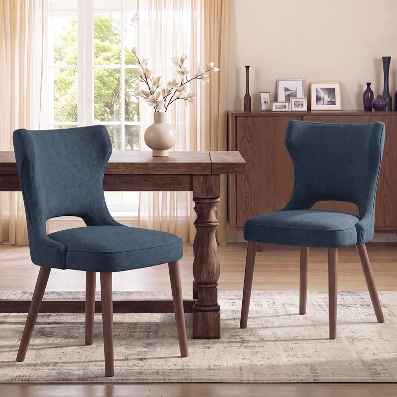 MALOL Upholstered Dining Chairs Set of 2, Dining Room Chairs with Hollow Backrest, High Back Kitchen Chairs with Solid Wood Legs, Thick Seat Cushion, Anti-Slip Pads, Dark Blue