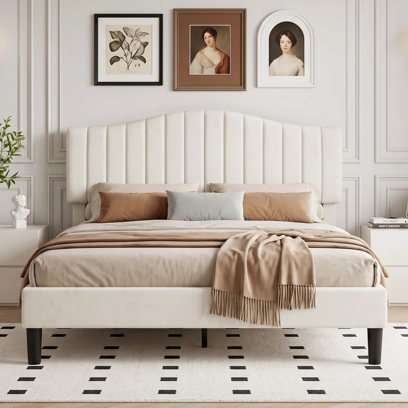 VECELO 4ft6 Double Bed Frame 135x190 cm with Velvet Upholstered Headboard, Wooden Slat Support, No Box Spring Needed, Underbed Storage, Noise Free, Easy Assembly, Beige