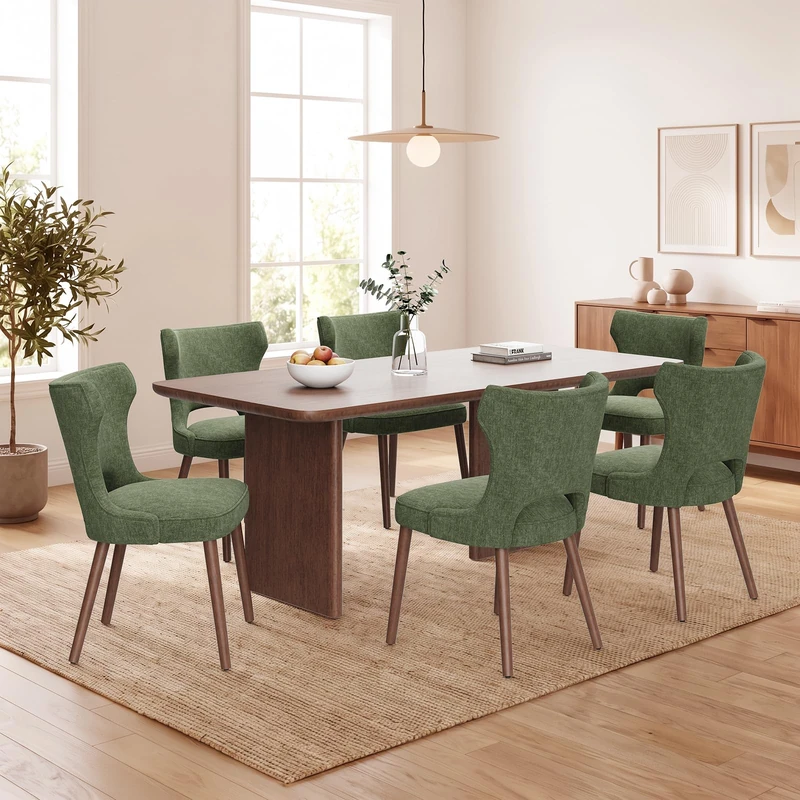 MALOL Upholstered Dining Chairs Set of 6, Dining Room Chairs with Hollow Backrest, High Back Kitchen Chairs with Solid Wood Legs, Thick Seat Cushion, Anti-Slip Pads, Green