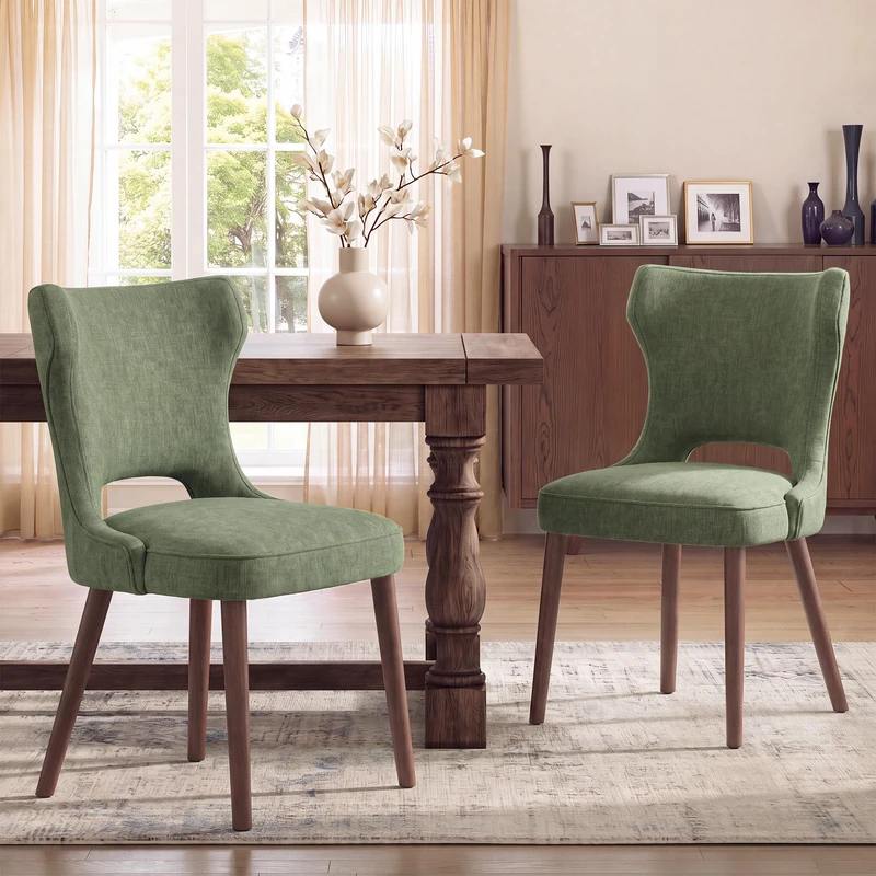 MALOL Upholstered Dining Chairs Set of 2, Dining Room Chairs with Hollow Backrest, High Back Kitchen Chairs with Solid Wood Legs, Thick Seat Cushion, Anti-Slip Pads, Green