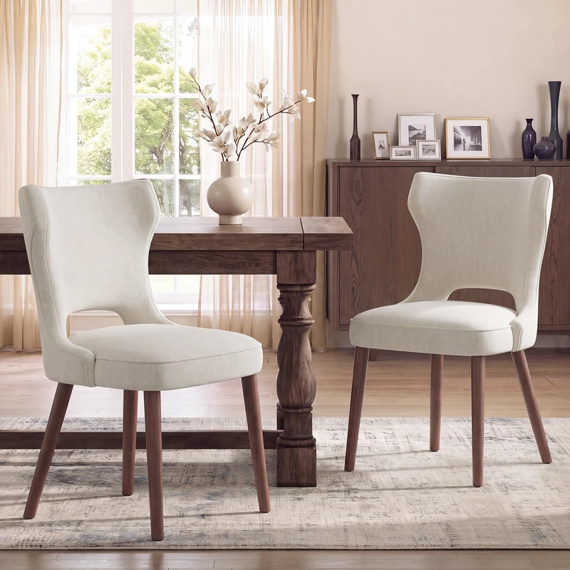 MALOL Upholstered Dining Chairs Set of 2, Dining Room Chairs with Hollow Backrest, High Back Kitchen Chairs with Solid Wood Legs, Thick Seat Cushion, Anti-Slip Pads, Light Beige