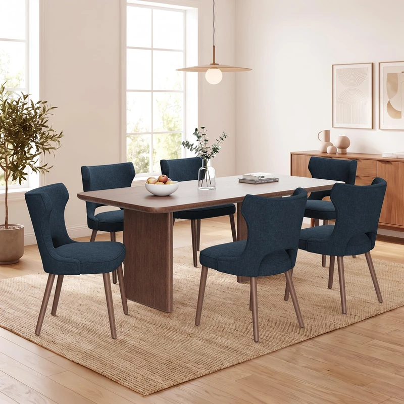 MALOL Upholstered Dining Chairs Set of 6, Dining Room Chairs with Hollow Backrest, High Back Kitchen Chairs with Solid Wood Legs, Thick Seat Cushion, Anti-Slip Pads, Dark Blue