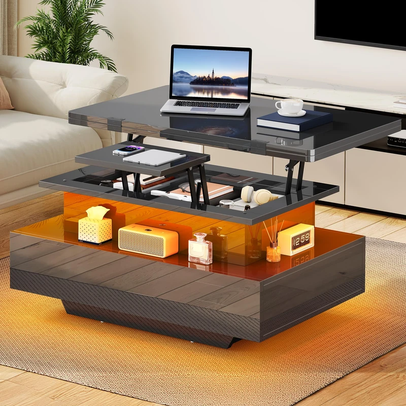YITAHOME Lift Top Coffee Table, Extendable, With LED, High Gloss, Black