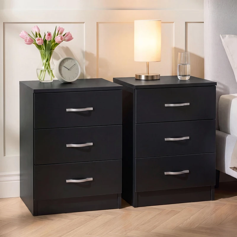 Vida Designs Riano 3 Drawer Bedside Chest Set of 2 | Black | Space-Saving Nightstands | 56H x 40W x 36D cm | Engineered Wood | Anti-Bowing Drawer Support | Ideal for Bedroom & Guest Room