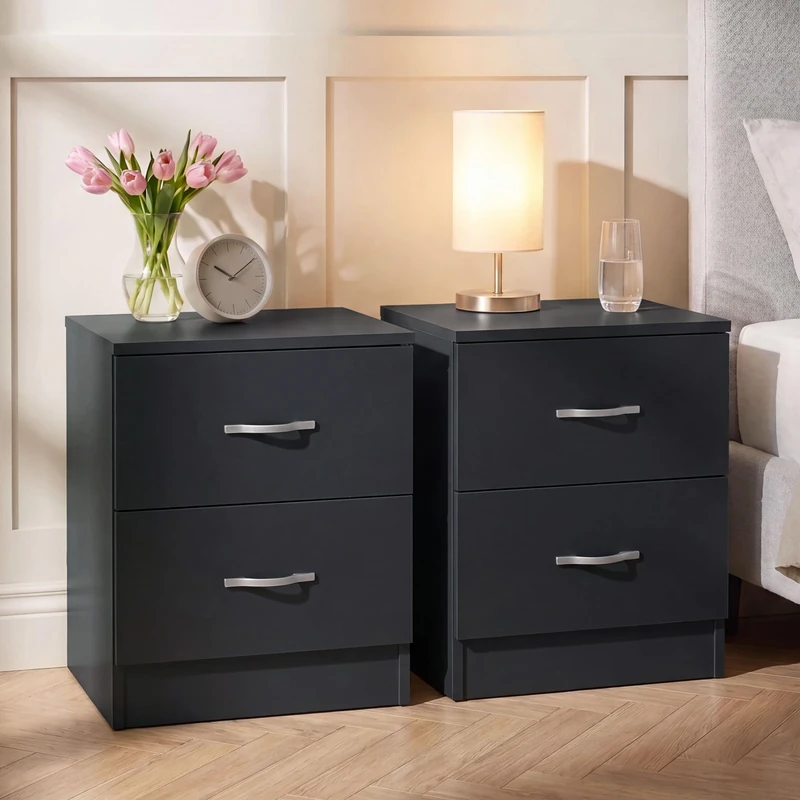 Vida Designs Riano 2 Drawer Bedside Chest Set of 2 | Black | Space-Saving Nightstands | 47H x 40W x 36D cm | Engineered Wood | Anti-Bowing Drawer Support | Ideal for Bedroom & Guest Room