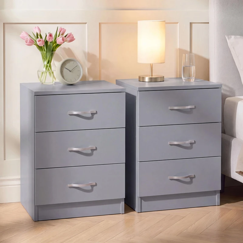 Vida Designs Riano 3 Drawer Bedside Chest Set of 2 | Grey | Space-Saving Nightstands | 56H x 40W x 36D cm | Engineered Wood | Anti-Bowing Drawer Support | Ideal for Bedroom & Guest Room