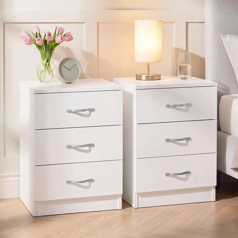 Vida Designs Riano 3 Drawer Bedside Chest Set of 2 | White | Space-Saving Nightstands | 56H x 40W x 36D cm | Engineered Wood | Anti-Bowing Drawer Support | Ideal for Bedroom & Guest Room