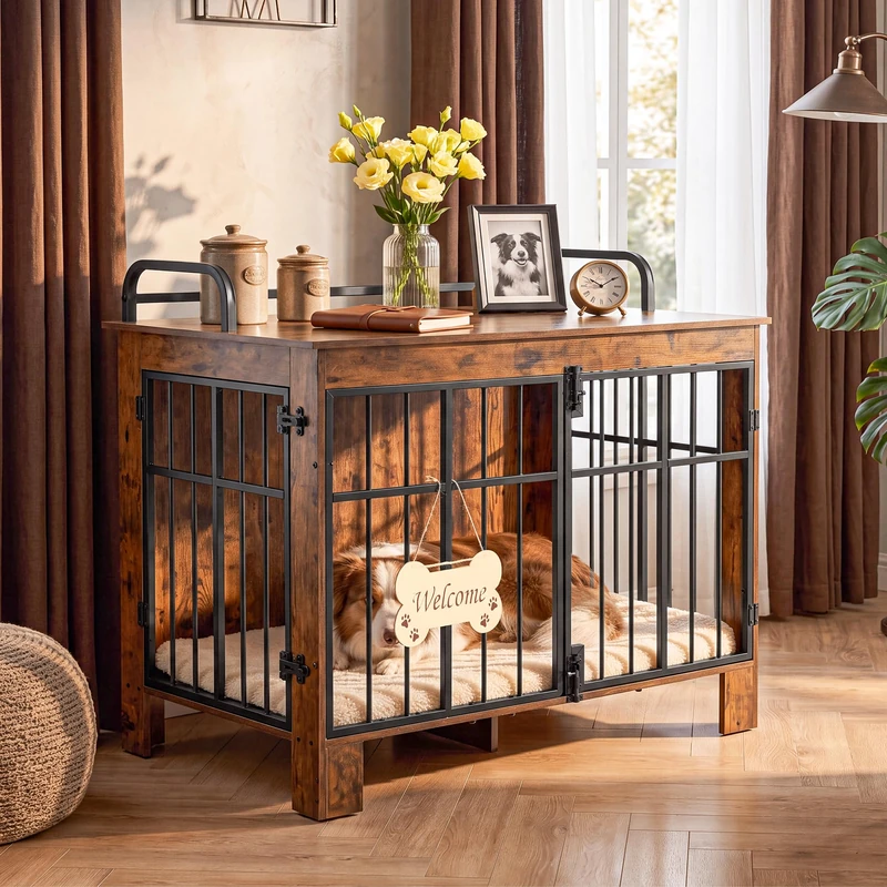 DWVO 100cm Wooden Dog Crate Furniture for Medium & Large Dogs,Rustic Brown
