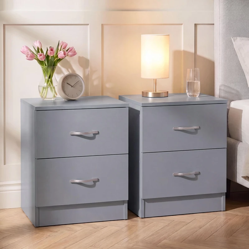 Vida Designs Riano 2 Drawer Bedside Chest Set of 2 | Grey | Space-Saving Nightstands | 47H x 40W x 36D cm | Engineered Wood | Anti-Bowing Drawer Support | Ideal for Bedroom & Guest Room
