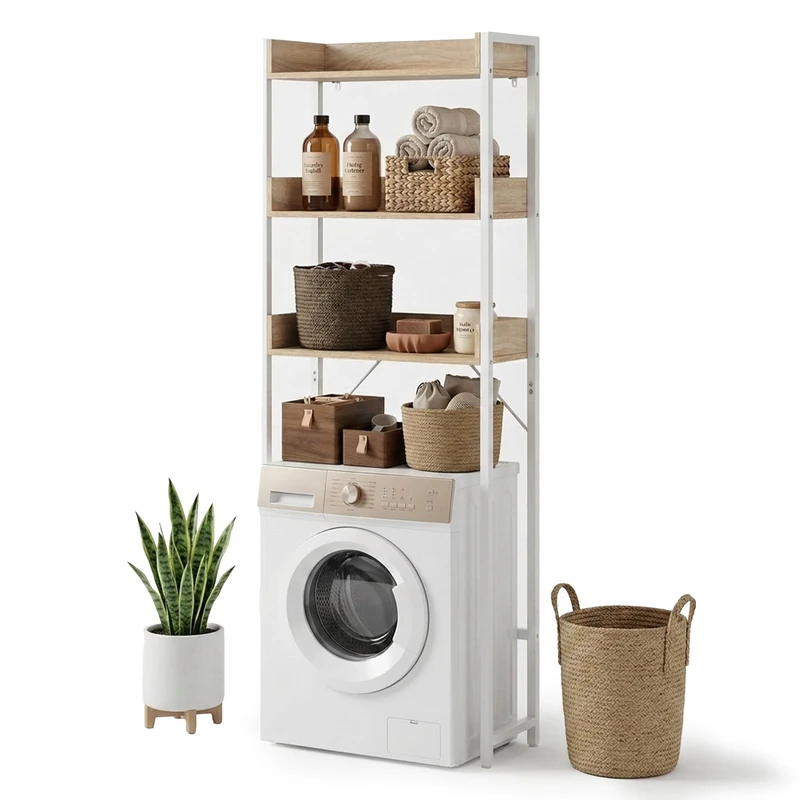 Relaxdays Washing Machine Shelf, 3 shelves, fits over washer, brown/white