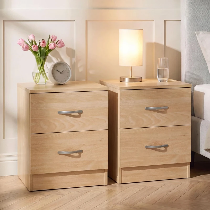 Vida Designs Riano 2 Drawer Bedside Chest Set of 2 | Pine | Space-Saving Nightstands | 47H x 40W x 36D cm | Engineered Wood | Anti-Bowing Drawer Support | Ideal for Bedroom & Guest Room