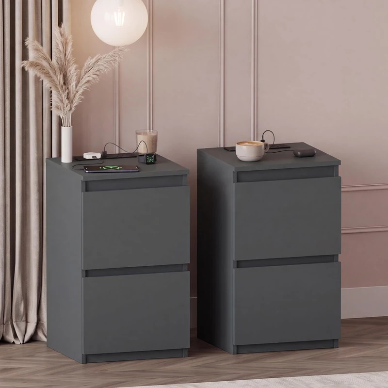 Vida Designs Denver 2 Drawer Bedside Cabinet Green set of 2 - Compact Space-Saving Nightstand with power outlet - 52H x 29.5W x 29.5D cm - Ideal for Bedroom & Guest Room