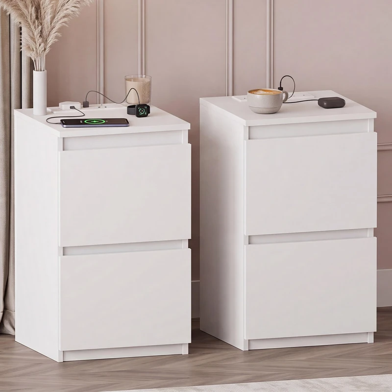 Vida Designs Denver 2 Drawer Bedside Cabinet White set of 2 - Compact Space-Saving Nightstand with power outlet - 52H x 29.5W x 29.5D cm - Ideal for Bedroom & Guest Room